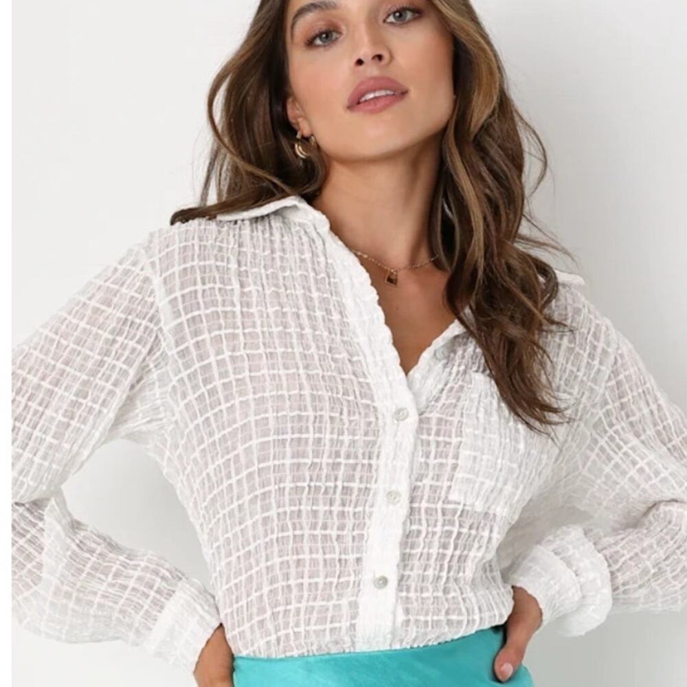Lulu's Exceptional Everyday Crinkled Button Top Womens Large White Sheer Shirt